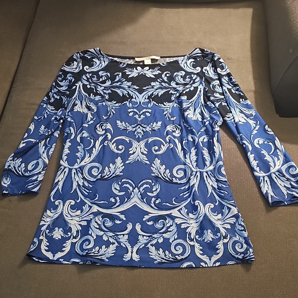 Boston Proper Blue and Black Baroque Long Sleeve Top